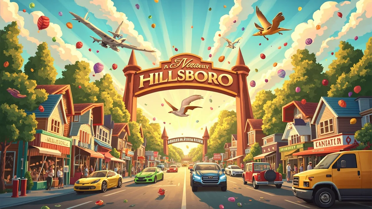 Illustrated Hillsboro scene — the artwork behind this city's word search puzzle