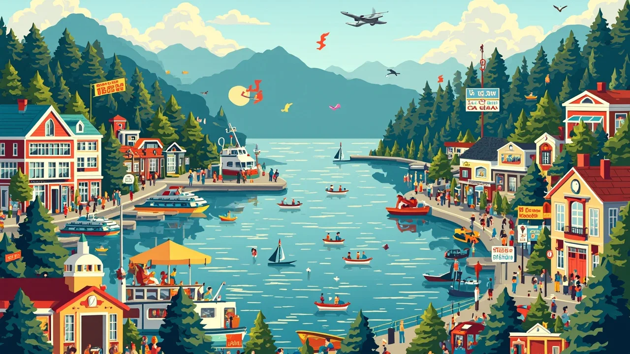 Illustrated West Vancouver scene — the artwork behind this city's word search puzzle