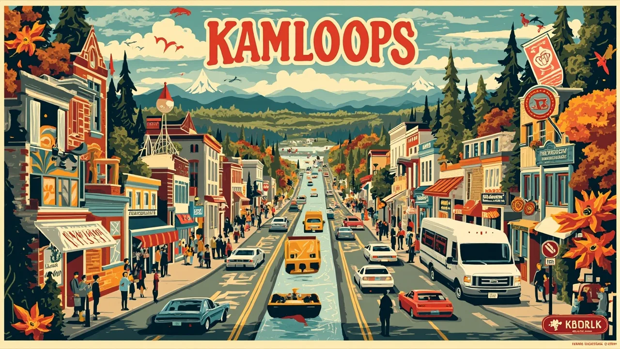 Illustrated Kamloops scene — the artwork behind this city's word search puzzle