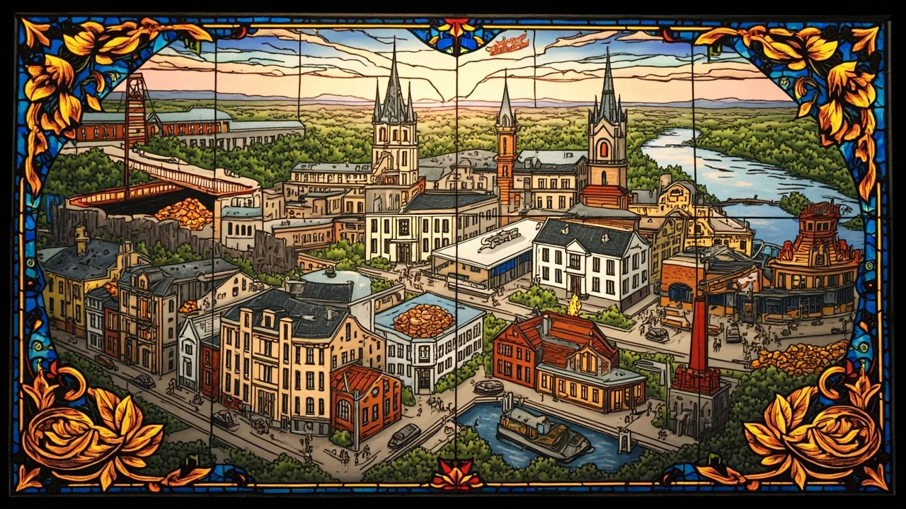 Illustrated Escanaba scene — the artwork behind this city's word search puzzle