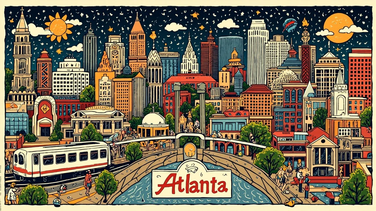 Illustrated Atlanta scene — the artwork behind this city's word search puzzle