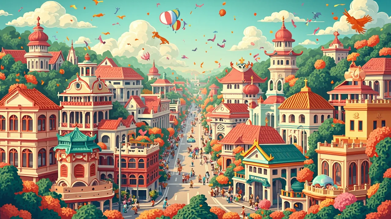 Illustrated Bandung scene — the artwork behind this city's word search puzzle