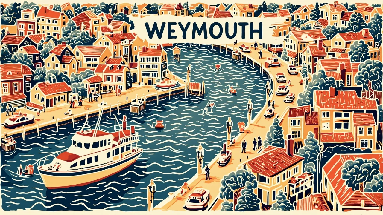 Illustrated Weymouth scene — the artwork behind this city's word search puzzle