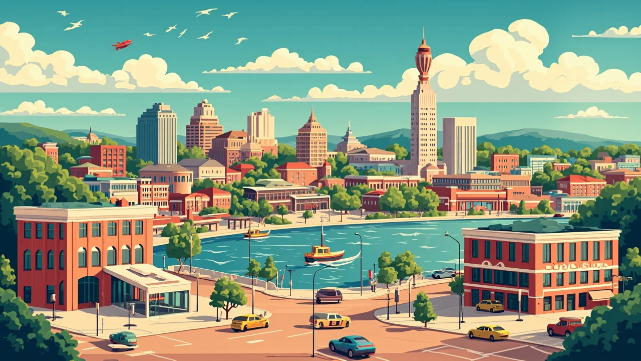 Illustrated North Little Rock scene — the artwork behind this city's word search puzzle