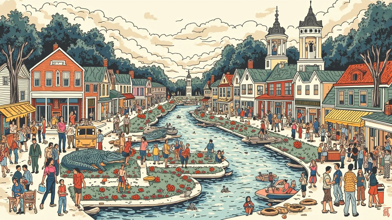 Illustrated Gainesville scene — the artwork behind this city's word search puzzle