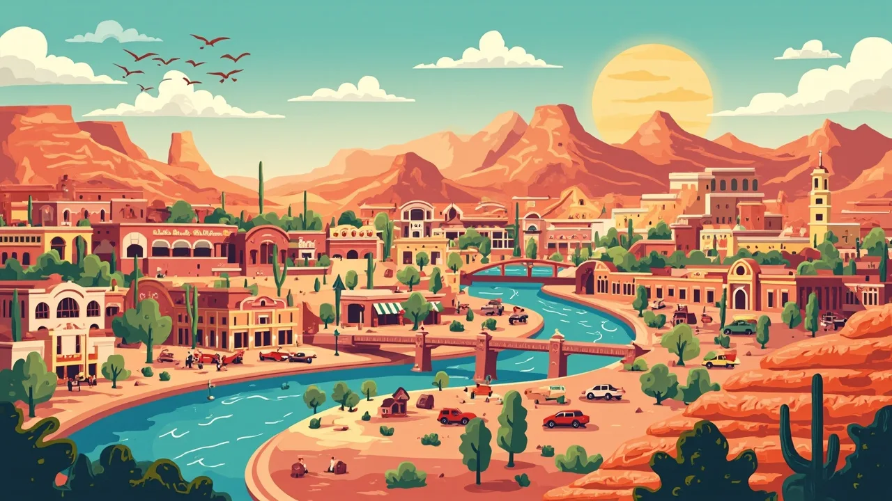 Illustrated Mesa scene — the artwork behind this city's word search puzzle