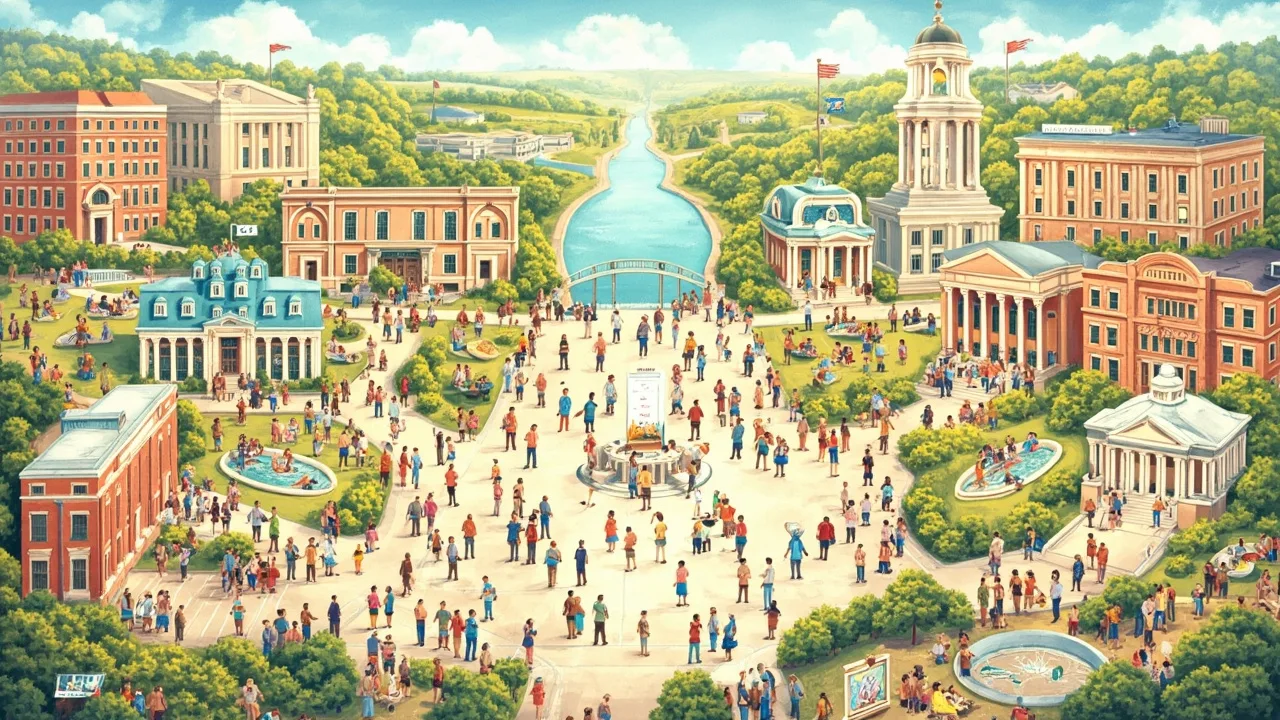Illustrated Hickory Hills scene — the artwork behind this city's word search puzzle