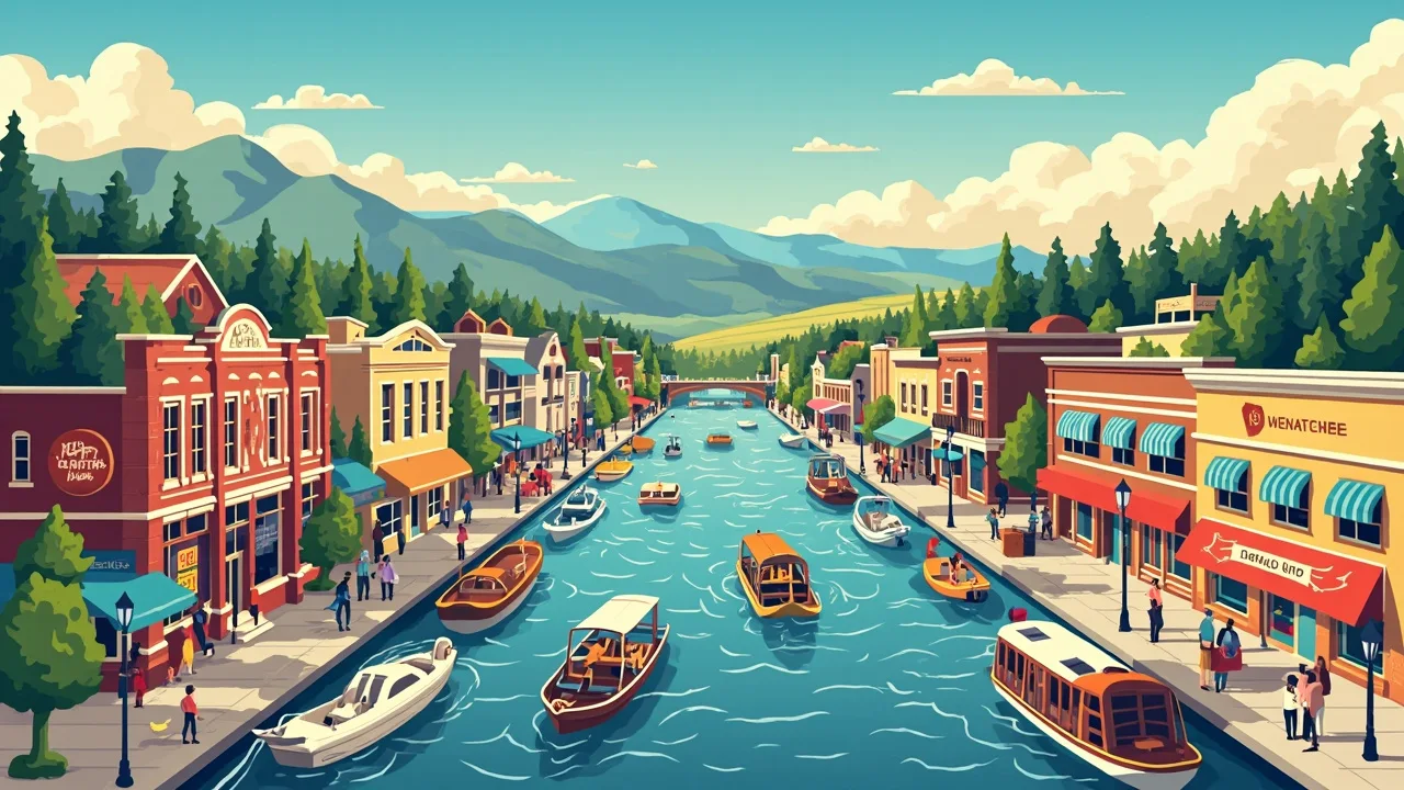 Illustrated Wenatchee scene — the artwork behind this city's word search puzzle