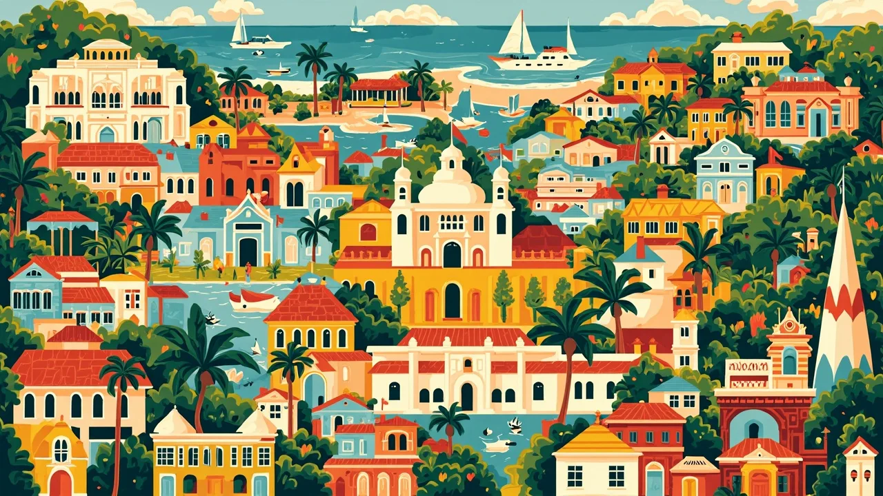 Illustrated Basseterre scene — AI-generated artwork behind this city's word search puzzle