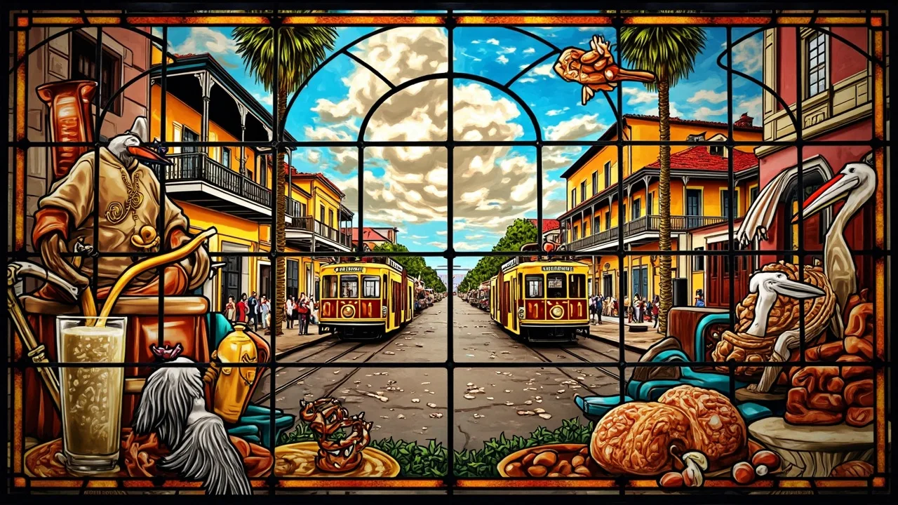 Illustrated New Orleans scene — AI-generated artwork behind this city's word search puzzle